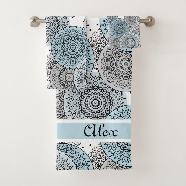 Retro, retro pattern, blue and grey,  elegant bath towel set (Insitu)