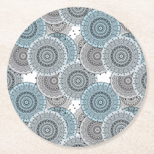 Retro, retro pattern, blue and grey,  elegant round paper coaster