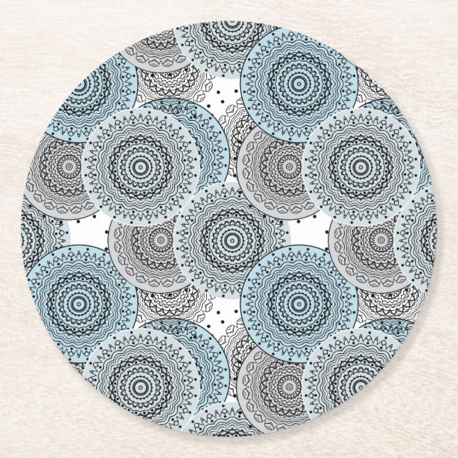 Retro, retro pattern, blue and grey,  elegant round paper coaster (Front)