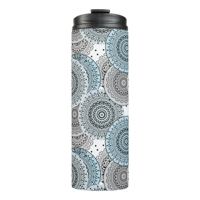 Retro, retro pattern, blue and grey,  elegant thermal tumbler (Front)