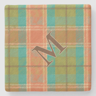 Retro Revival Plaid Monogram Stone Coaster