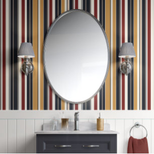Retro Revival Stripes Red, Gold, Navy Mid-Century Wallpaper