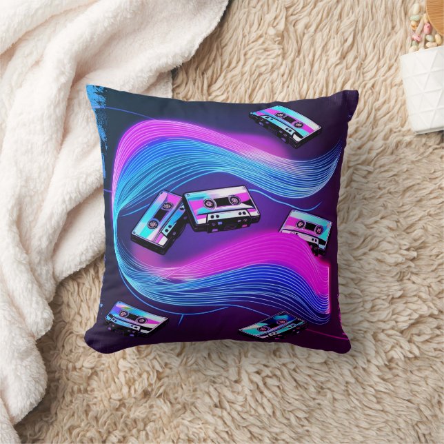 Retro Rewind: Neon Cassette Vibes Throw Pillow (Blanket)