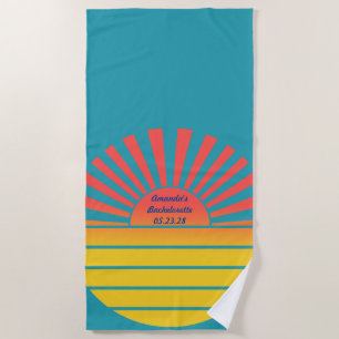 Retro Rising Sun Bachelorette Blue Red Yellow Beach Towel