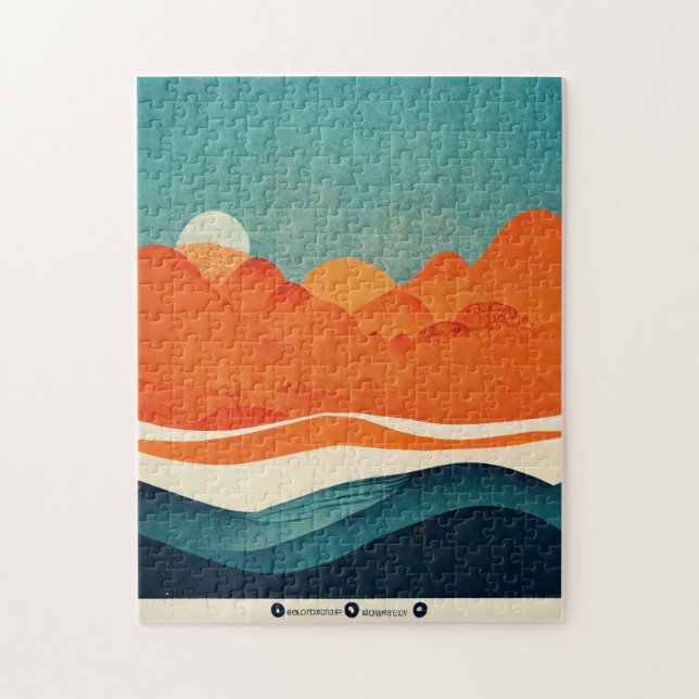 Retro River Landscape Illustration Orange Blue Jigsaw Puzzle (Vertical)