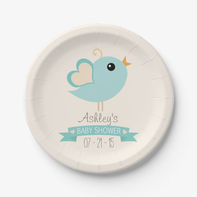 Retro Robin's Egg Blue Love Bird Baby Shower Paper Plate (Front)