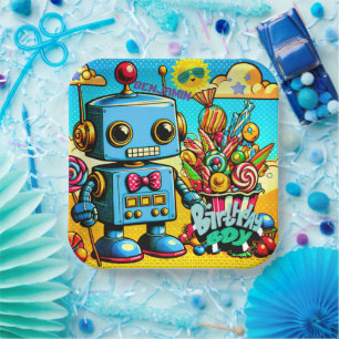 Retro Robot Birthday Boy customizable Paper Plate