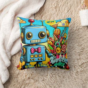 Retro Robot Birthday Boy customizable Throw Pillow