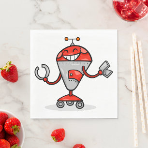 Retro Robot Cartoon Fun Red and Silver AI Bot  Napkin