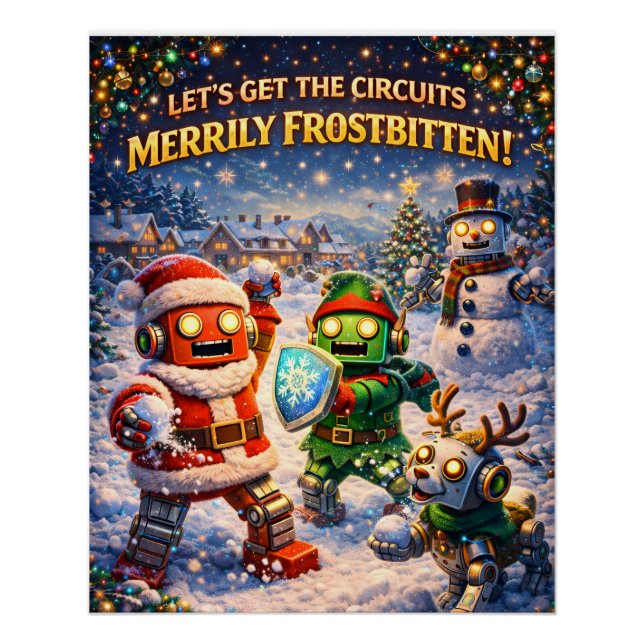 Retro robot Christmas snowball fight greeting Poster (Front)