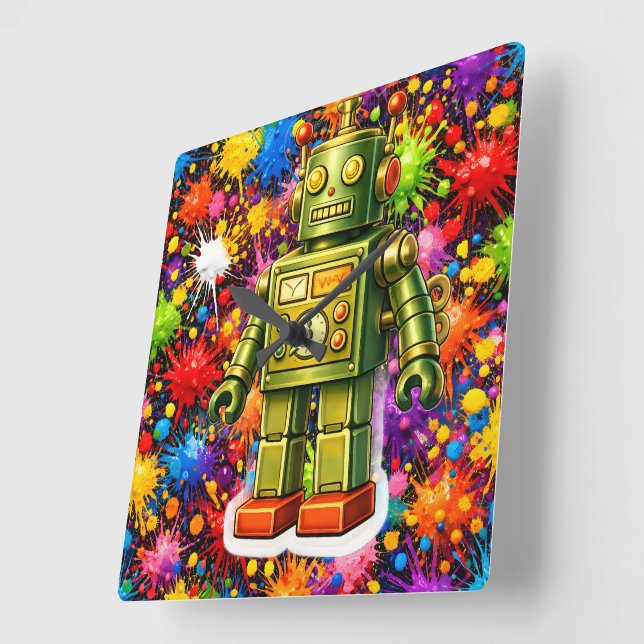 Retro robot colour burst square wall clock (Angle)