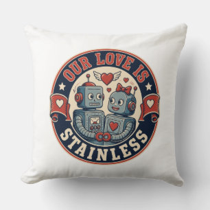 Retro robot couple badge throw pillow
