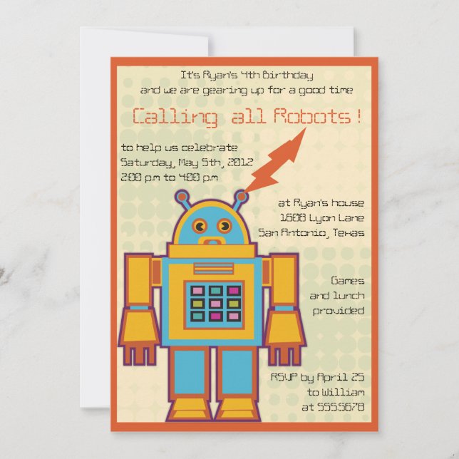 Retro Robot-kids birthday invitation -4 (Front)