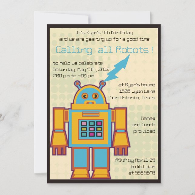 Retro Robot-kids birthday invitation -6 (Front)
