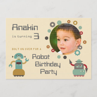 Retro Robot Party Birthday Photo Invitation