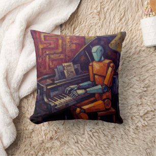 RETRO ROBOT PIANIST II VINTAGE AI MUSICIAN THROW PILLOW