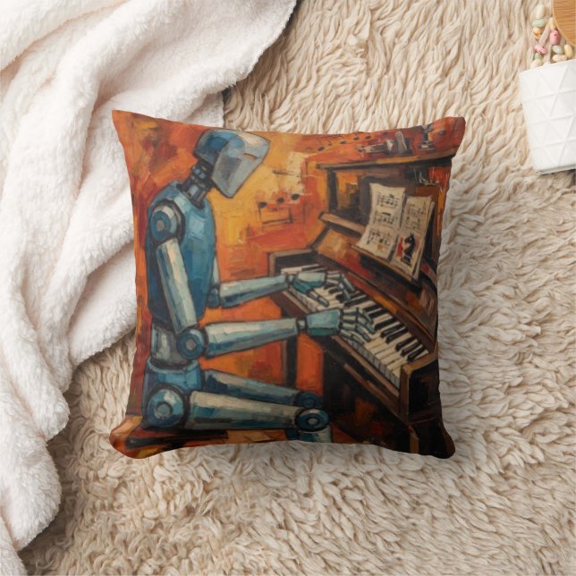 RETRO ROBOT PIANIST V | EXPRESSIVE ROBOT MELODY THROW PILLOW (Blanket)