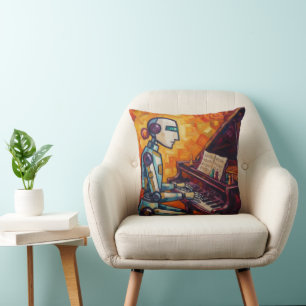 RETRO ROBOT PIANIST VI   COLORFUL VINTAGE PIANO AR THROW PILLOW