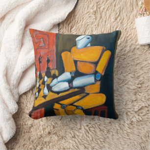 RETRO-ROBOT PLAYING CHESS COLOURFUL DECORATIVE THROW PILLOW