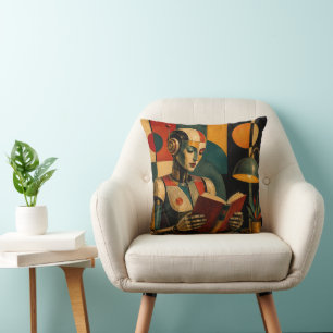 RETRO ROBOT READING III COLORFUL LITERARY ROBOT THROW PILLOW