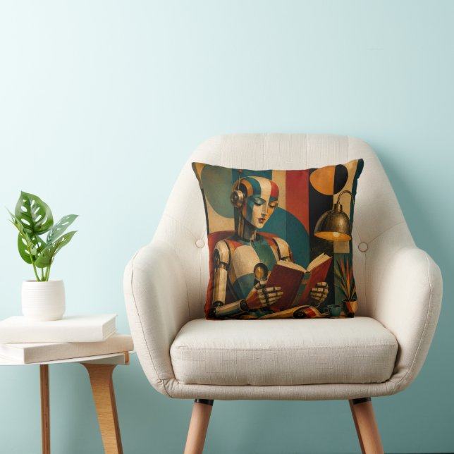 RETRO ROBOT READING IV | WHIMSICAL ROBOT BOOKWORM THROW PILLOW (Chair)