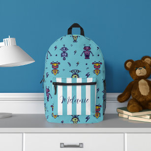 Retro Robotic Robots Colourful Blue Name Printed Backpack
