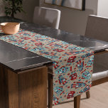 Retro Robots Blue and Red Patterned Short Table Runner<br><div class="desc">Illustrations of cute vintage robots in shades of red and blue along with some coordinating nuts are set against a tan background on this patterned table runner. Add a fun retro sci-fi touch to your table.</div>