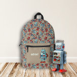 Retro Robots Personalized Printed Backpack<br><div class="desc">The front pocket of this backpack is ready to be personalized with a name or initials. It features a cute illustration of a retro robot in light blue against a tan background. The rest of the backpack has a pattern of robots in red and blue along with coordinating hex nuts...</div>