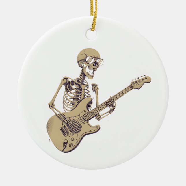 Retro Rock Skeleton Guitar Graphic Ceramic Ornament (Front)