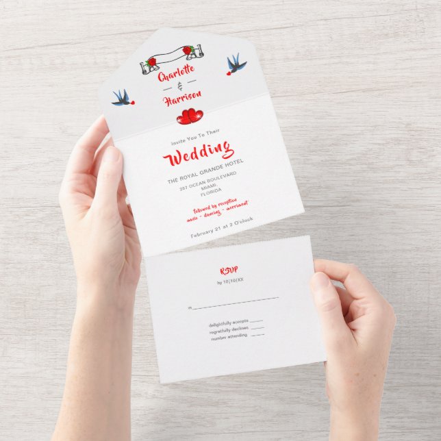 Retro Rockabilly 1950's Elegant Birds And Hearts All In One Invitation (Tearaway)
