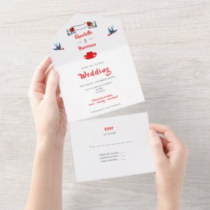 Retro Rockabilly 1950's Elegant Birds And Hearts All In One Invitation