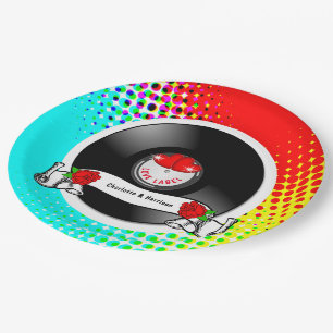 Retro Rockabilly Hearts & Roses Vinyl Record Style Paper Plate