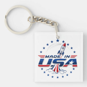 Retro Rocket Made in USA Patriotic Badge Keychain