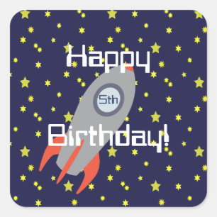 Retro Rocket Ship and Stars Happy Birthday Square Sticker