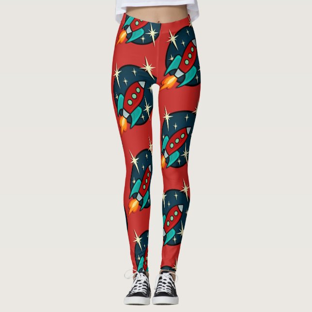 RETRO ROCKET SHIP GRAPHIC PATTERN LEGGINGS (Front)