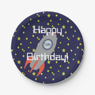 Retro Rocket Ship Happy Birthday Paper Plate