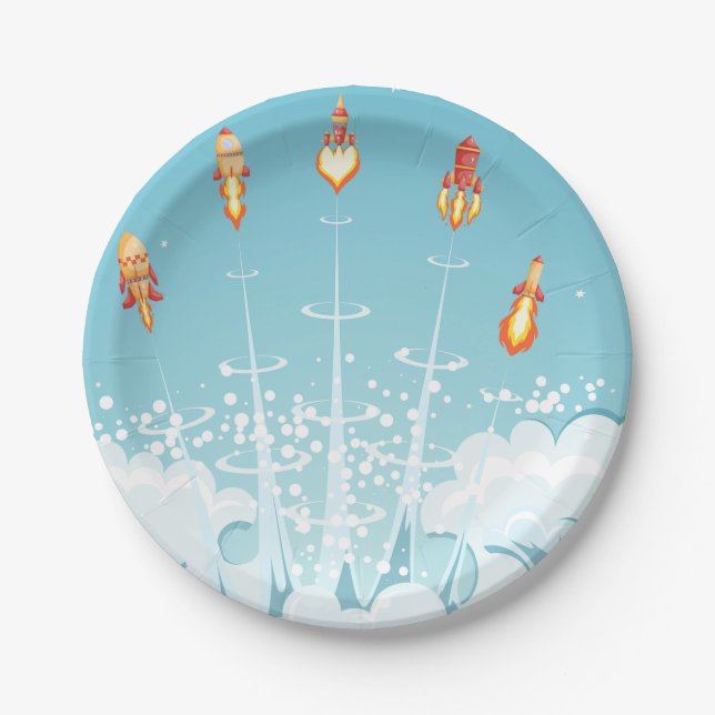 Retro Rocket Ship Launch Futuristic Space Art  Paper Plate (Front)