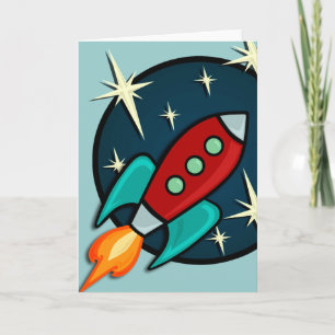 RETRO ROCKET SHIP VERTICAL GREETING CARD