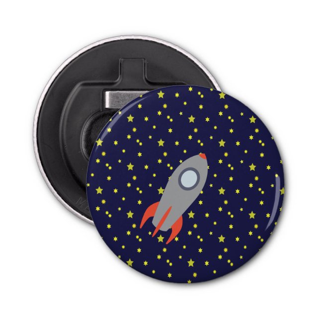 Retro Rocket Ship with Star Pattern Background Bottle Opener (Front)