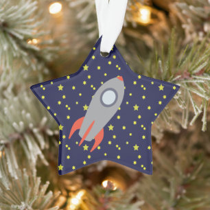 Retro Rocket Ship with Star Pattern Background Ornament