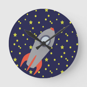 Retro Rocket Ship with Star Pattern Background Round Clock