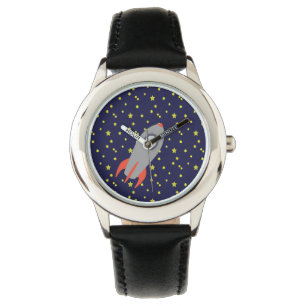 Retro Rocket Ship with Star Pattern Background Watch