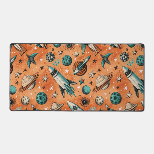 Retro Rocket Space Pattern Terracotta Teal Desk Mat (Front)