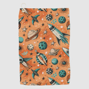 Retro Rocket Space Pattern Terracotta Teal Golf Towel