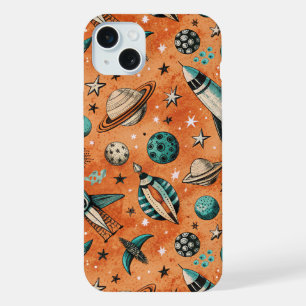 Retro Rocket Space Pattern Terracotta Teal iPhone 15 Plus Case
