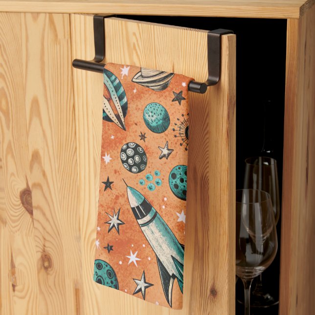 Retro Rocket Space Pattern Terracotta Teal Kitchen Towel (Thirds Fold)