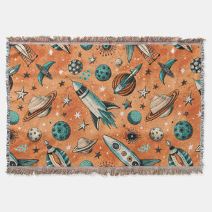 Retro Rocket Space Pattern Terracotta Teal Throw Blanket