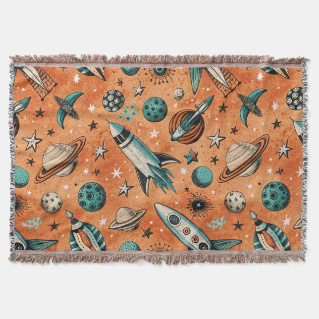 Retro Rocket Space Pattern Terracotta Teal Throw Blanket (Front)