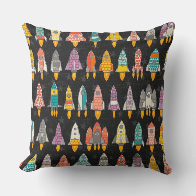 retro rockets graphite throw pillow (Front)