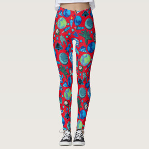Retro Rockets in Space. Red BG Leggings